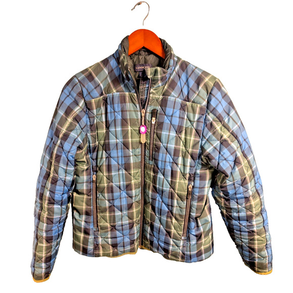 Lands End Jacket Women's S/P Navy Green Black Plaid Outdoor Coat LIghtup FOB - Picture 1 of 7
